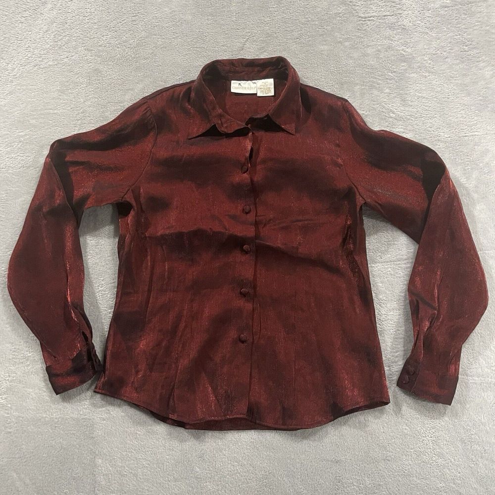 Vintage Christie & Jill Button Shirt Long Sleeve Women's 10 Red Shiny Formal